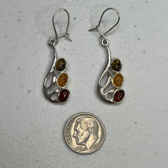 Amber Sterling Silver 925 Drop Earrings Jewelry With Multicolor Oval Cabochons - Picture 5 of 11